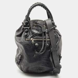  Balenciaga Grey Leather Giant Brogue Pompon Hobo