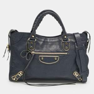 Balenciaga Navy Blue Leather Metallic Edge Classic City Bag