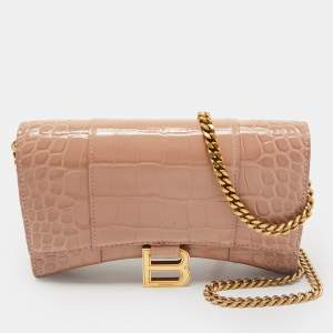 Balenciaga Old Rose Croc Embossed Leather Hourglass Wallet on Chain