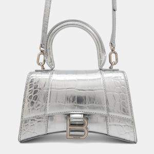 Balenciaga Hourglass 2Way bag Silver Croco Embossed Leather Size Xs