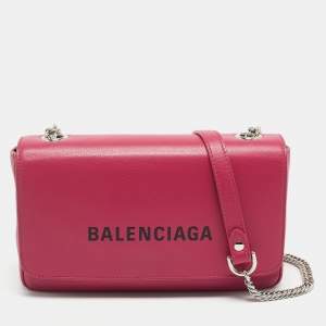 Balenciaga Pink Leather Logo Everyday Flap Shoulder Bag
