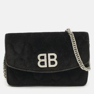 Balenciaga Black Quilted Velvet BB Crystals Wallet On Chain