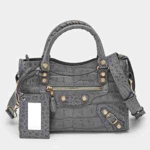 Balenciaga Grey Croc Embossed Leather Mini Classic City Bag