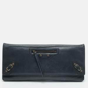 Balenciaga Navy Blue Leather Papier Long Clutch