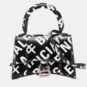 Balenciaga Black Mini Smooth Calfskin Allover Logo Print Hourglass Top Handle Bag