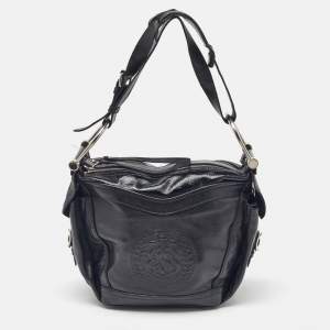 Balenciaga Black Leather Monogram Crest Double Zip Hobo