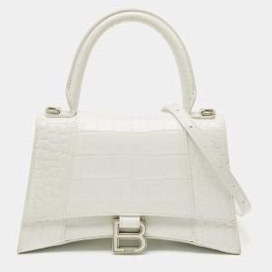 Balenciaga White Croc Embossed Leather Small Hourglass Top Handle Bag