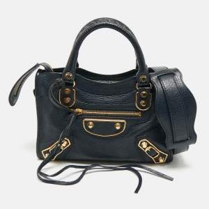 Balenciaga Navy Blue Leather Mini Metallic Edge Classic City Bag