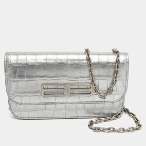 Balenciaga Silver Croc Embossed Leather Gossip Wallet on Chain