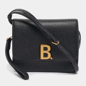 Pre Owned Balenciaga Black Leather B Logo Crossbody Bag