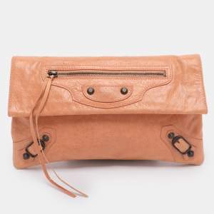 Pre Owned Balenciaga Rose Blush Leather Classic Envelope Clutch