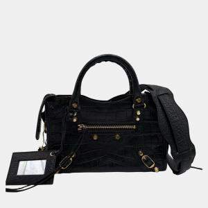 Balenciaga Mini GH Classic City Black Croc Embossed Leather Shoulder Bag