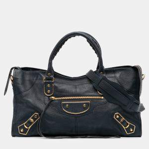 Balenciaga Navy Blue Goatskin Motocross Classic Metallic Edge Part Time Satchel