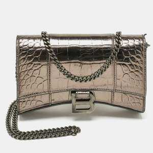 Pre Owned Balenciaga Metallic Grey Croc Embossed Leather Hourglass Wallet on Chain