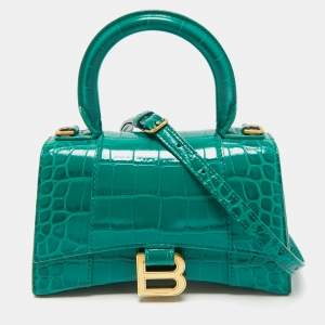 Pre Owned Balenciaga Green Croc Embossed Leather XS Hourglass Top Handle Bag