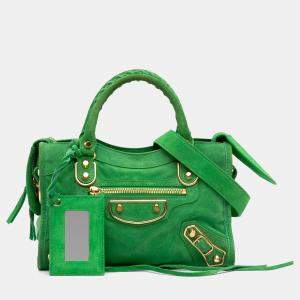 Pre Owned Balenciaga Green Mini Suede Motocross Classic Metallic Edge City Satchel