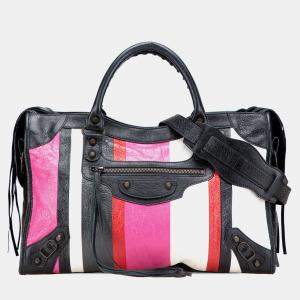 Pre Owned Balenciaga Pink Lambskin Motocross Arena Multicolore Classic City Satchel