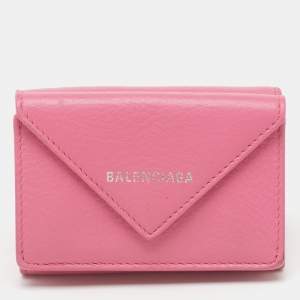 Pre Owned Balenciaga Pink Leather Mini Papier Flap Wallet