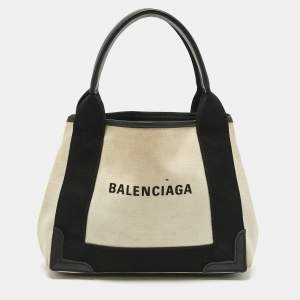 Pre Owned Balenciaga Off White/Black Canvas and Leather Navy XS Cabas Tote