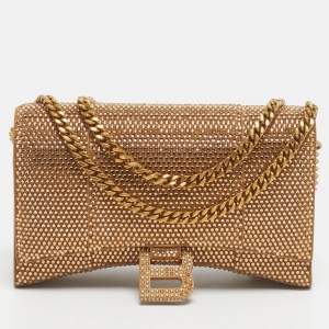 Pre Owned Balenciaga Gold Suede Crystal Embellished Hourglass Wallet on Chain