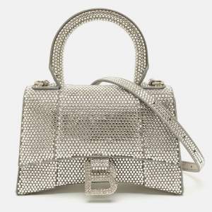 Pre Owned Balenciaga Grey Suede Crystal Embellished XS Hourglass Top Handle Bag