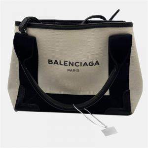 Pre Owned Balenciaga Off White/Black Canvas and Leather Navy XS Cabas Tote