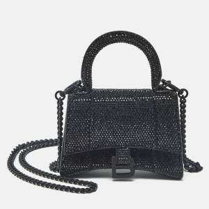 Pre Owned Balenciaga Black Suede Crystals Embellished Nano Hourglass Top Handle Bag