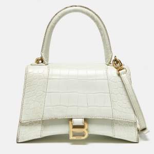 Pre Owned Balenciaga White Croc Embossed Leather Small Hourglass Top Handle Bag