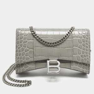 Pre Owned Balenciaga Grey Croc Embossed Leather Hourglass Wallet on Chain