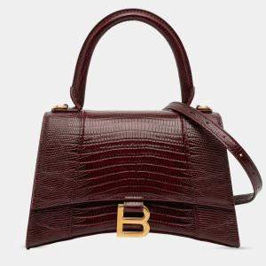 Pre Owned Balenciaga Burgundy Small Lizard Embossed Calfskin Hourglass Top Handle Bag