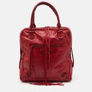 Pre Owned Balenciaga Red Leather Motocross Classic Bowling Bag