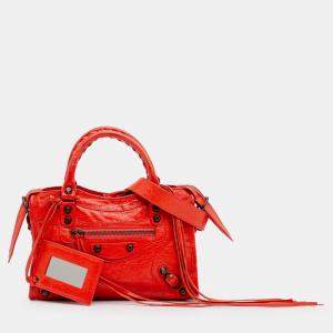 Pre Owned Balenciaga Red Mini Lambskin Motocross Classic City Satchel