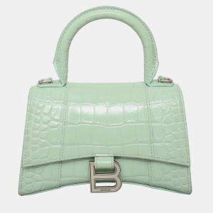 Pre Owned Balenciaga Hourglass XS Croc Embossed Leather Top Handle Bag