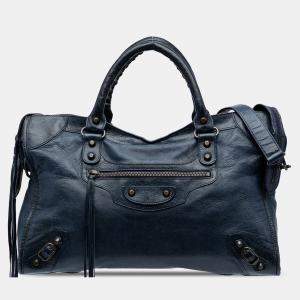 Pre Owned Balenciaga Navy Blue Lambskin Motocross Classic City Satchel