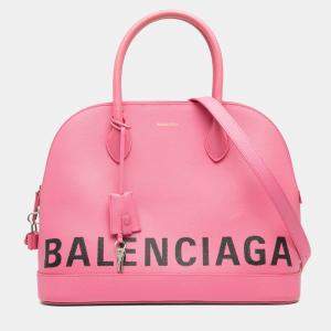 Pre Owned Balenciaga Pink M Grained Calfskin Logo Ville Top Handle Bag