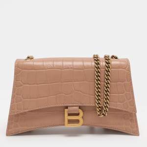 Pre Owned Balenciaga Beige Croc Embossed Leather XS Crush Chain Shoulder Bag