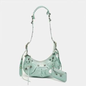 Pre Owned Balenciaga Pale Turquoise Croc Embossed Leather XS Le Cagole Shoulder Bag