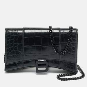 Pre Owned Balenciaga Black Croc Embossed Leather Hourglass Wallet on Chain w/Coin Purse