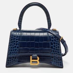 Pre Owned Balenciaga Navy Blue Croc Embossed Leather Small Hourglass Top Handle Bag