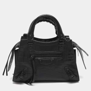 Pre Owned Balenciaga Black Croc Embossed Leather Mini Neo Classic City Tote
