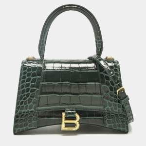 Pre Owned Balenciaga Green Croc Embossed Leather Small Hourglass Top Handle Bag