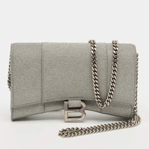 Pre Owned Balenciaga Grey Glitter Leather Hourglass Wallet on Chain