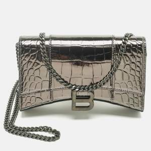 Pre Owned Balenciaga Metallic Grey Croc Embossed Patent Leather Hourglass Wallet on Chain