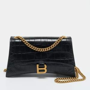 Pre Owned Balenciaga Black Croc Embossed Leather Small Hourglass Top Handle Bag