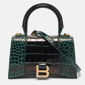 Pre Owned Balenciaga Dark Green Croc Embossed Leather XS Hourglass Top Handle Bag