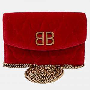 Pre Owned Balenciaga Red Velvet BB Chain Crossbody Bag