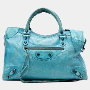 Pre Owned Balenciaga Blue Lambskin Motocross Classic City Satchel