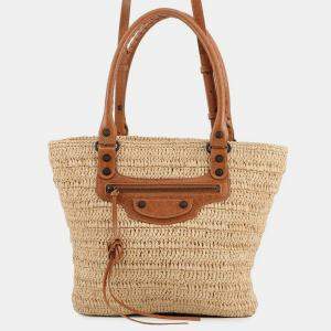 Pre Owned Balenciaga Le City Basket 2Way Tote Bag Natural/Camel Raffia Lambskin Size Medium