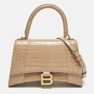 مملوكة مسبقًا Balenciaga Hourglass Small Beige Croc Embossed Leather Top Handle Bag