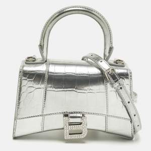 مملوكة مسبقًا Balenciaga Hourglass XS Silver Croc Embossed Leather Top Handle Bag